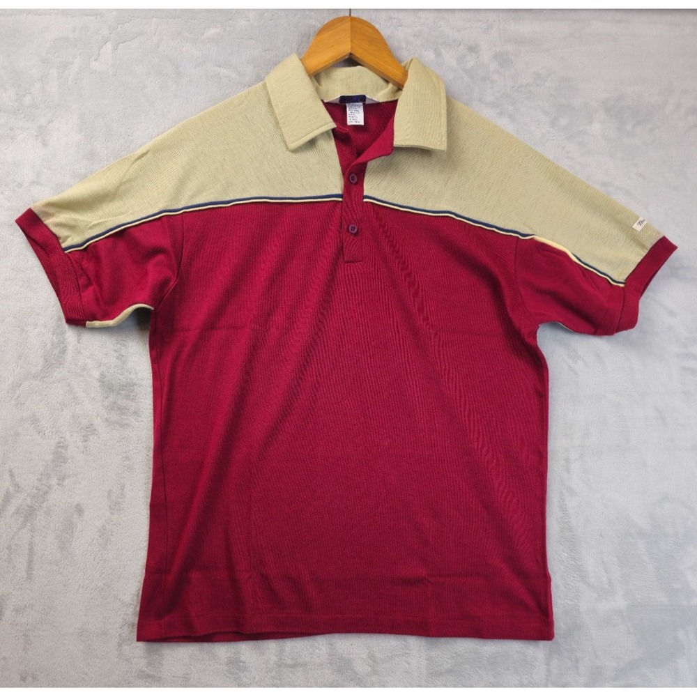 Vtg 80 90's Sears Thumps Up Men Large Maroon Beige Stripe POLO Preppy Golf